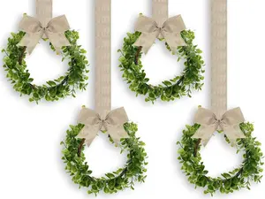 4 Pieces Faux Boxwood Wreaths with Ribbon, Artificial Green Leaves Decorative Hanging Wreaths for Kitchen Cabinets, Wall, Window, and Front Door Decor (Burlap, Linen)