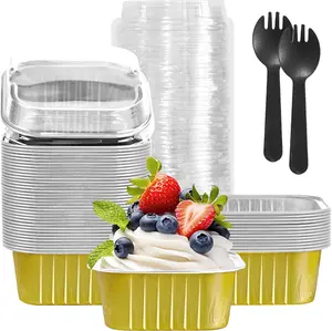 Graduation Party 50Pcs Aluminum Foil Mini Square Baking Cups,Disposable Ramekins Cupcake Cups,Mini Aluminum Pans with Lids,Cake Container with Lid,Square Cupcake Liners for Muffin