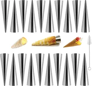 12Pcs Large Conical Cream Horn Molds, Non-stick Cream Horn Molds Stainless Steel, 5 inch Large Size Cannoli Tubes Kit Pack of Baking Cones Pastry Roll Horn Croissant Mold With brush