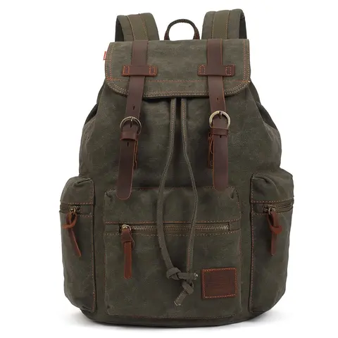 KAUKKO 90s Retro Durable Canvas-Leather Rucksack, 19L Lightweight Plain Backpack with Adjustable Strap, 3 Zip Pockets, Velcro & Drawstring Closures, 10.6*6.3*16.1in Buckled Front Bag for Campus School Use