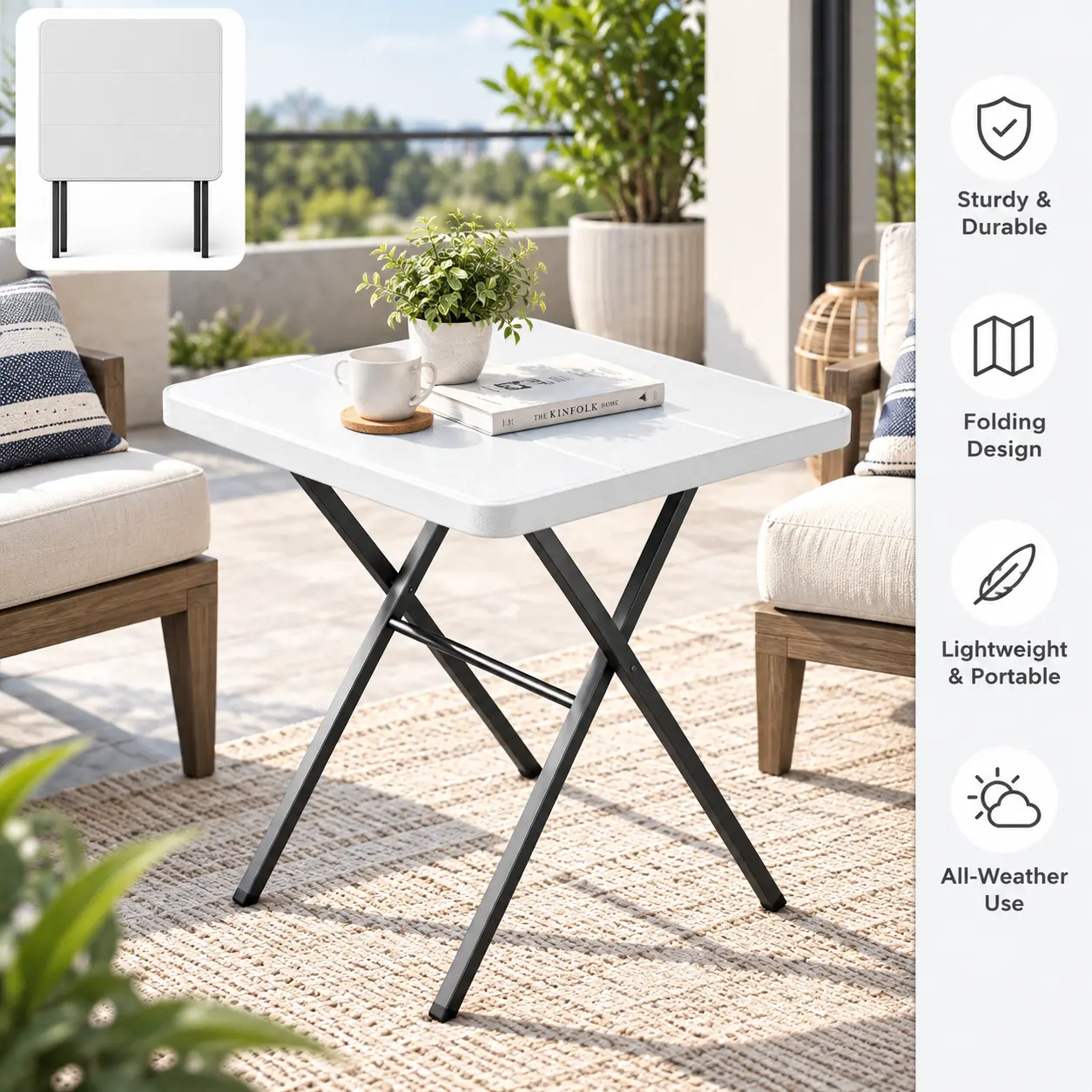 Folding Table, Heavy Duty Steel Frame 400 LBS Capacity Foldable Table | Portable Square Picnic Card Table No Assembly, Camping Table for Backyard
