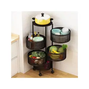 Kitchen Storage Cart, 5 Tier Circular Rotating Basket, Large Storage Rack With 360 Degree Wheels, Fruit Vegetable Metal Wire Shelf With Top Lid For Living Room, Office, Black