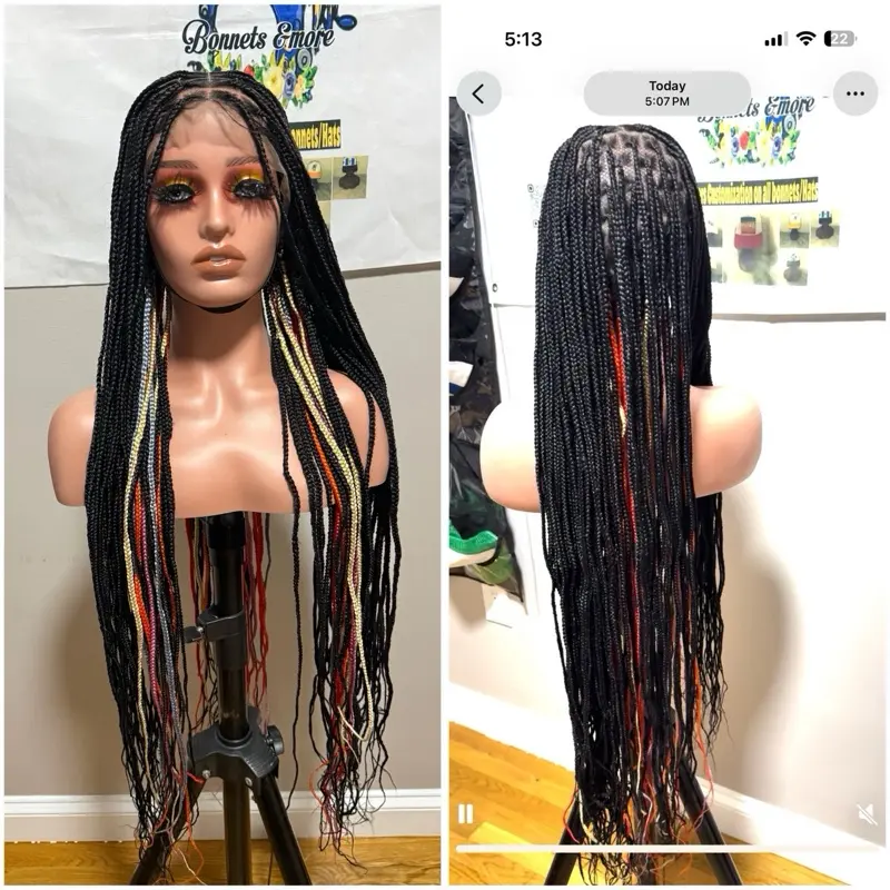 Knotless Multi Colored Wig - Long Braids with Black, Red, and Yellow Tones for Stylish Looks