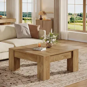 Rustic Solid Wood Coffee Table, Square Living Room Center Table with Stable Legs, Practical Home Table Combined with LED Floating TV Console