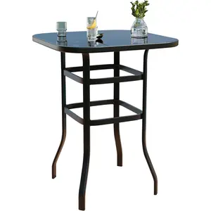 Patio Bar Table with Tempered Glass TableTop Metal Frame Bar Table Bistro Square Table High Top Outdoor Pub 315 Side Table for Balcony Backyard Poolside Garden