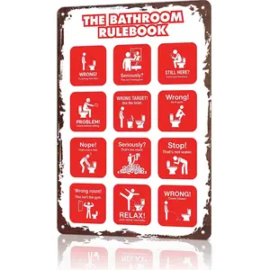 8x12 in Aluminum Bathroom Rulebook Metal Sign - Funny Red Graphic Wall Decor, Aluminium Plaque for Home, Office