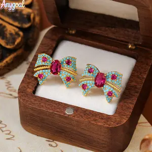 Anygoal Vintage Minimalist Bow Stud Earrings for Women,Gold Tone with Blue Pink Rhinestone Inlay, Hypoallergenic Dainty Ear Jewelry, Lightweight Elegant All-Match Accessories for Daily Wear,Birthday,Holiday Gifting  Perfect Gift for Girlfriend summervibes