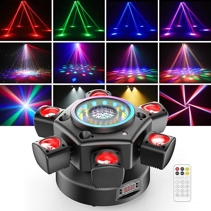 XDV Halloween Party 120W 6-Arm Moving Head DJ Light, 4-in-1 RGBW Laser Pattern Strobe Stage Light for Party Wedding Club Rgb Lighting Color Changing Lighting Fancy Led Rgb Chasing Lighted Music Sync Rgb