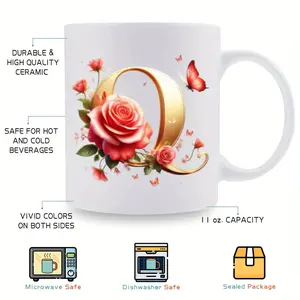 Bpa Free 11oz Ceramic Mug Featuring Alphabet And Floral Patterns Suitable For Multiple Celebrations And Events