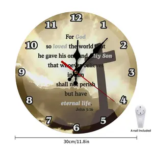 John 3:16 Christian Cross Wall Clock, 12 Inch & 10 Inch Silent Non-Ticking Round Wooden Clock, Religious Bible Verse Art Clock for Home Church Decor