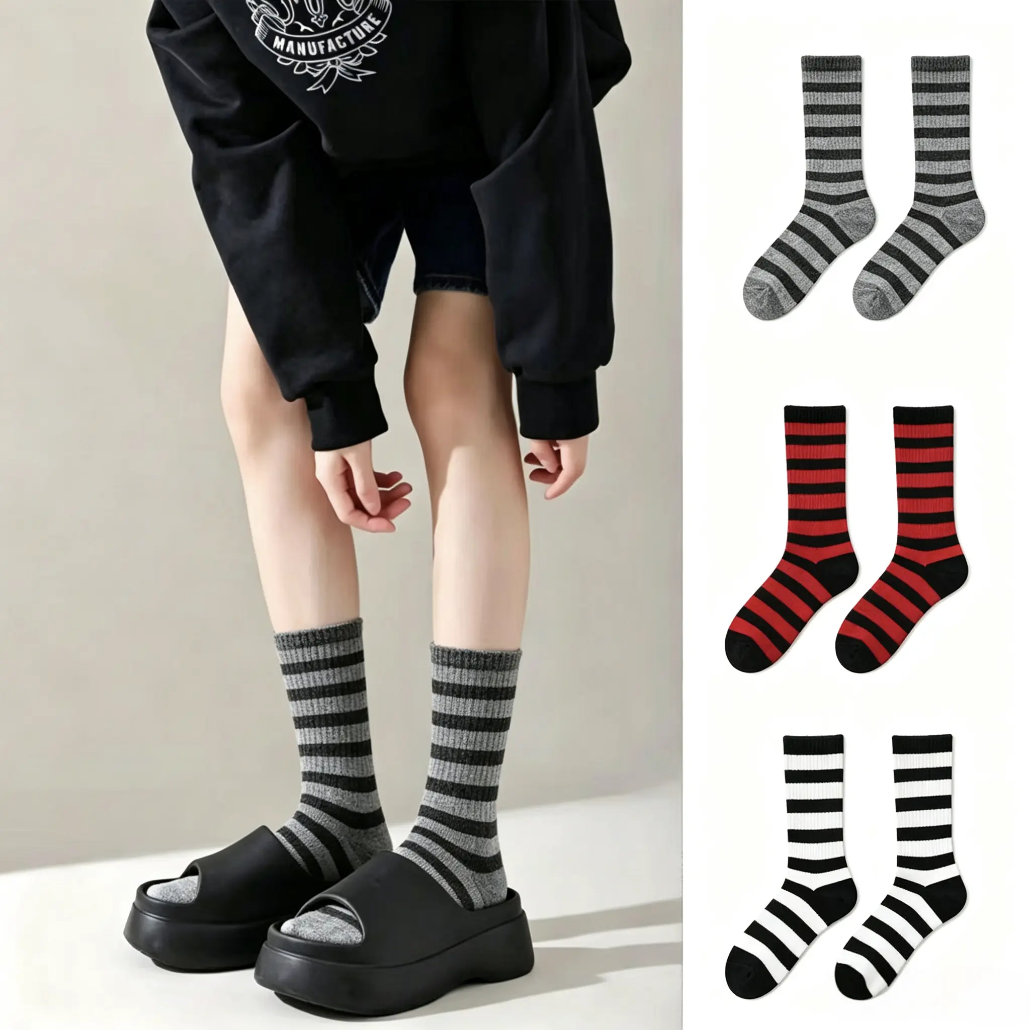Men's Cotton Breathable Bold Striped Mid-Calf Socks - All Seasons, Casual Athletic Running Socks, Black and White/Colorful Stripes, Hand Wash Only, Machine Washable, Cold Wash Compatible