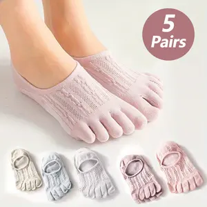 5 Pairs Five Toe Socks Striped Style Women’s Short Socks Summer Thin Invisible Non-Slip Boat Socks Low Cut Breathable Mesh Toe Socks Short Tube Womenswear Colorful Casual Ripped Dot Suits