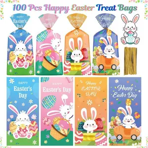 100 Pack Happy Easter Treat Bags – Cute Bunny Cellophane Goodie Bags with Twist Ties, Candy & Gift Bags for Kids Easter Party Favors, 4 Assorted Spring Styles