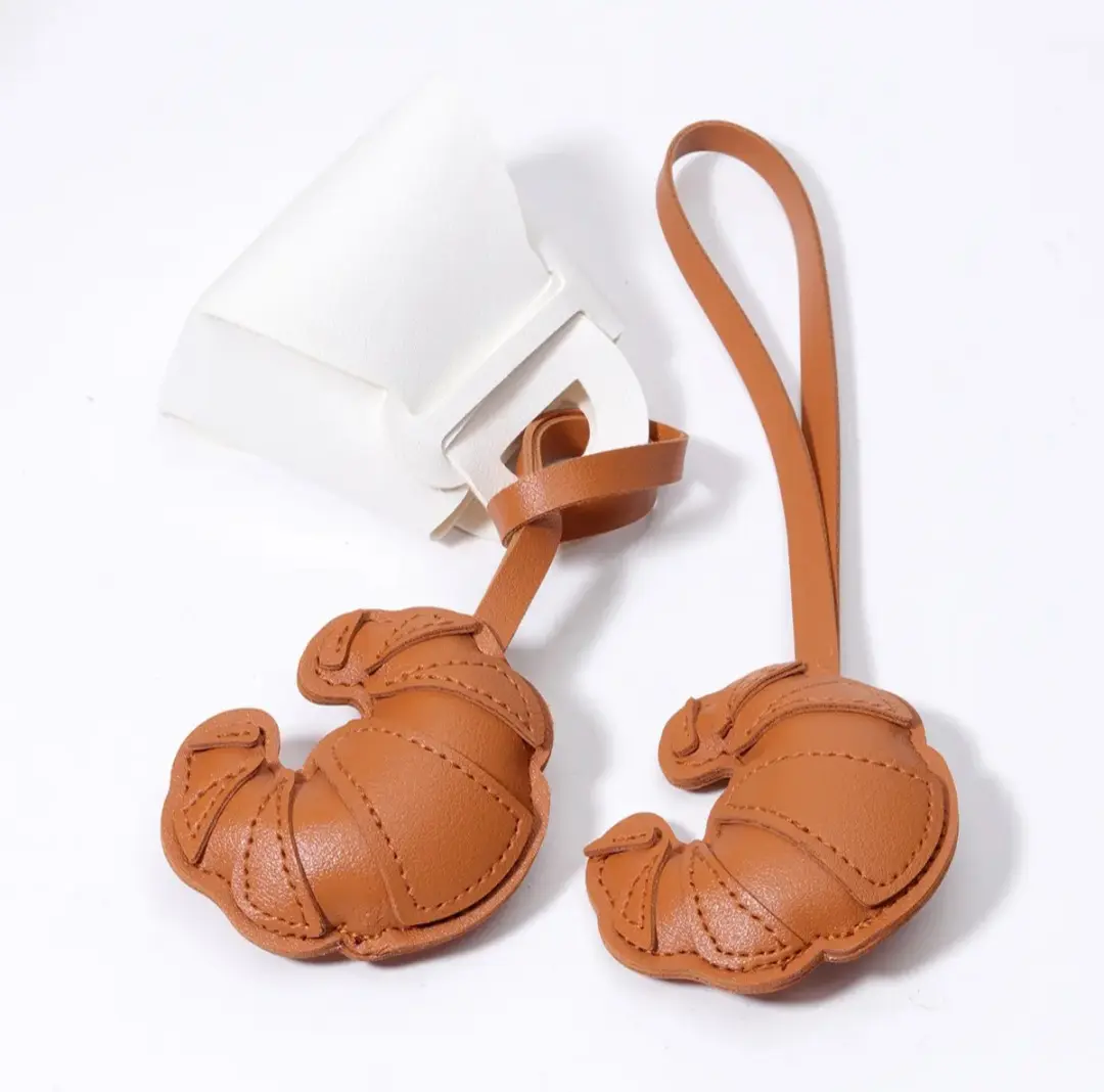 PU Leather Stitched Bag Charm Keychain, Stylish Playful Croissant Accessory for Handbag, Backpack, Fashion Bag Accent, Fashion Bag Charms