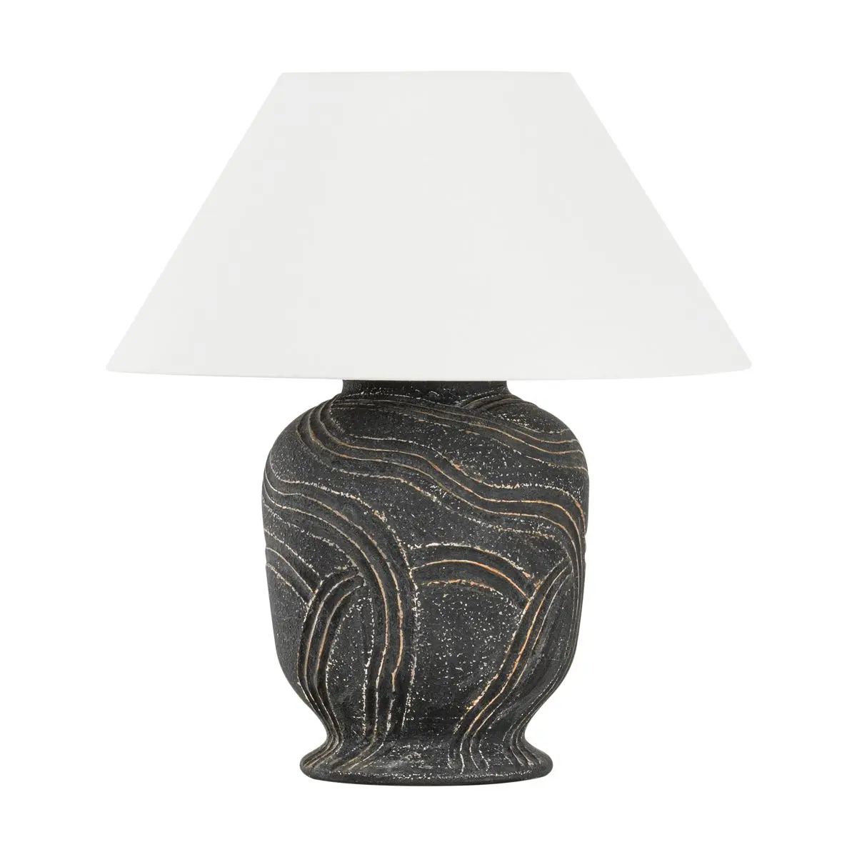 Pecola Table Lamp with Windswept Ash Ceramic Body and Off-White Linen Shade, Patina Brass Accents