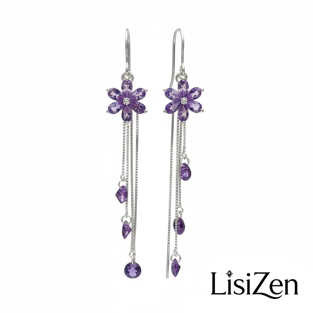 LisiZen Sparkly Crystal Flower Long Chain Threader Earrings for Women DZEH6316