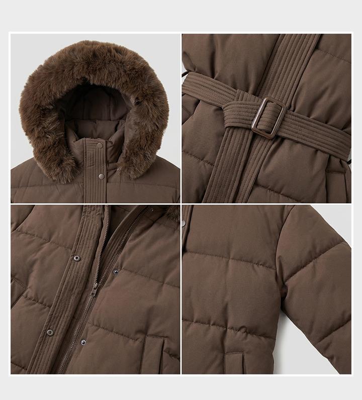 KatchMe Women's Cozy Fluffy Hooded Zip-Up Belt Decor Cotton Coat, Classy Solid Color Mid-Length Outfit, Fall & Winter Outerwear Jacket (US)