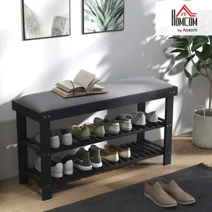 HOMCOM Bamboo Shoe Bench, 3-Tier Entryway Bench with Storage and Cushion, Shoe Organizer for Entryway, Hallway