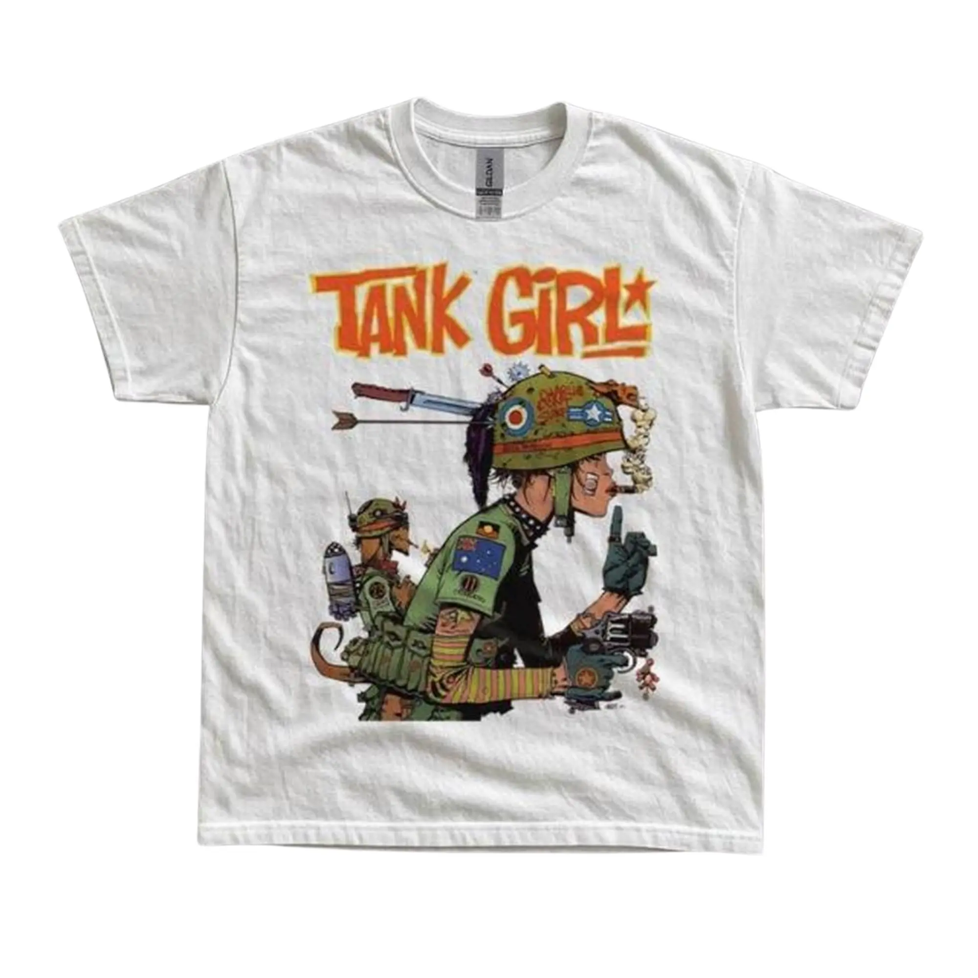 Vintage Tank Girl British Comic Book Character T-Shirt, Retro Post-Apocalyptic Punk Military Helmet Illustration Art Print, Unisex White Heavyweight Streetwear Tee, Fan Merch Gift