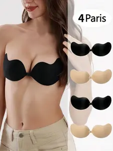 1/2/4 Pairs Women's Solid Color Waterproof Adhesive Push Up Invisible Strapless Bra Insert, Mango-Shaped Breathable Bra Pads, Breast Lift & Shaping Nipple Covers, Suitable For Casual Outings, Travel Vacation, Various Occasions