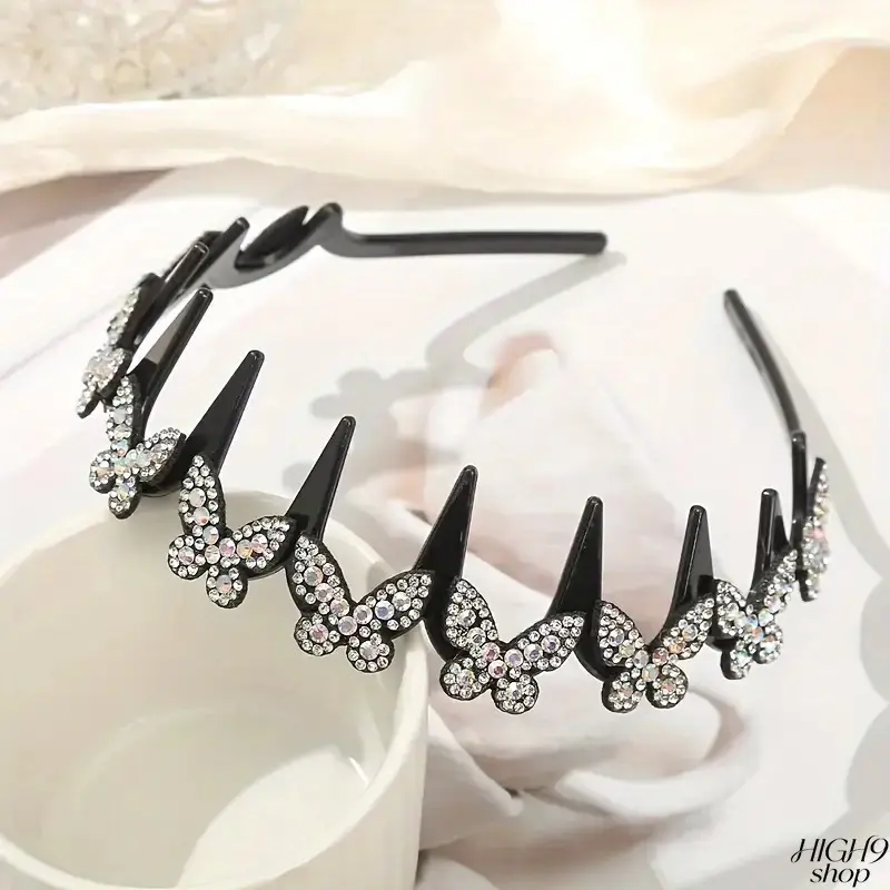 Unisex Elegant Wavy Butterfly Crystal Women’s Headband, Lightweight Durable Non-Slip Plastic Hair Accessory, Chic Decor for Wedding Occasions & Daily Everyday Wear