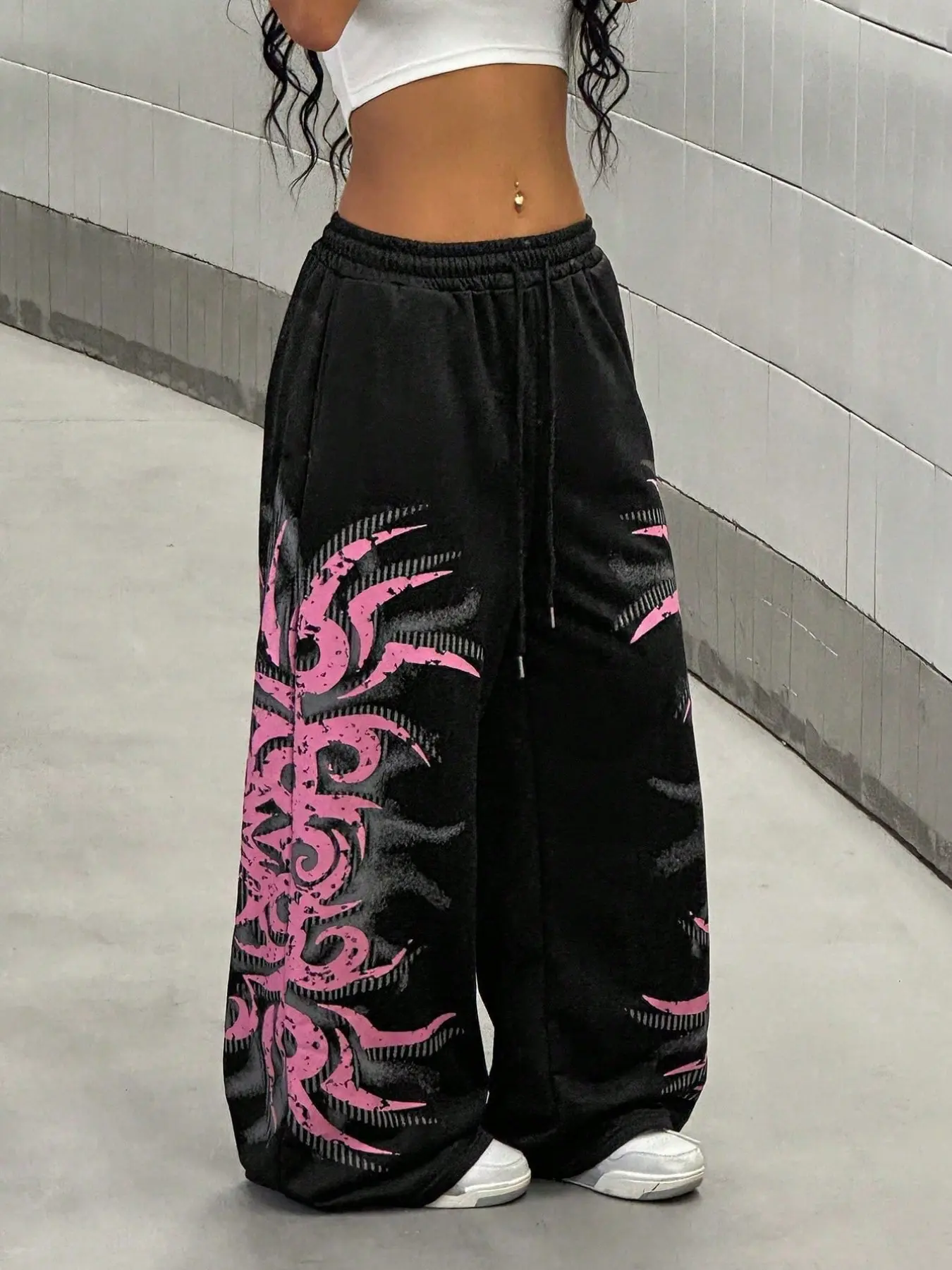 Y2K Tribal Flame Print Black Wide-Leg Sweatpants | Grunge & Streetwear Aesthetic | Elastic Waist & Baggy Fit | Versatile Casual Wear | Casual Lounge Pant | Perfect for Edgy & Alt Fashion Fans