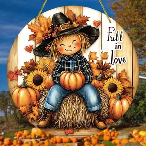 Cartoon Hanging Door Sign, Autumn Harvest Festival Round Wooden Hanging Decor, Fall in Love Hanging Sign for Yard Door Wall Hanging Decor
