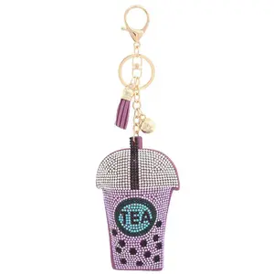 Boba Tea Puffy Rhinestone Keychain - Unisex Fun & Organized Key Accessory with Tassel Charm