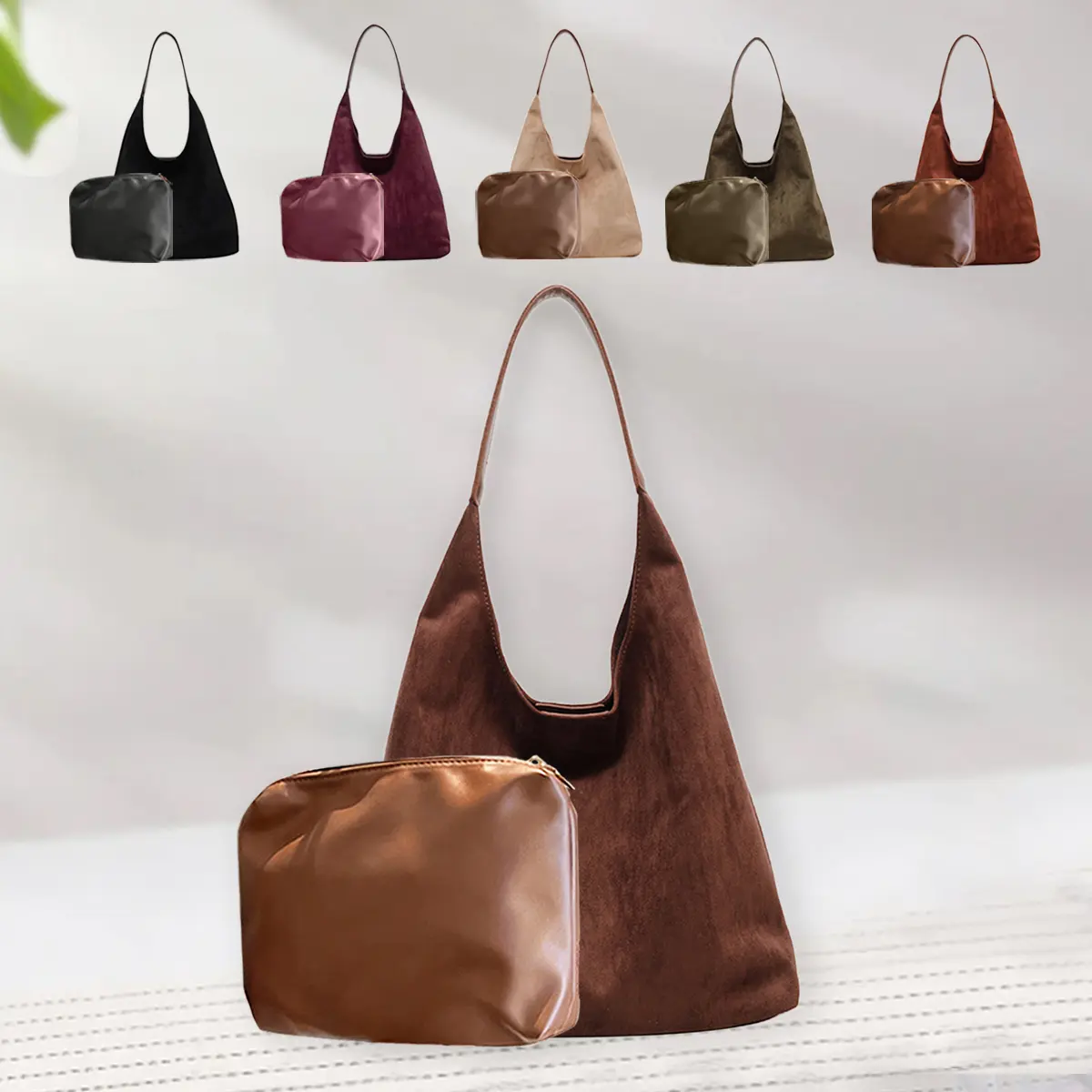 Women's Sophisticated 2-Piece Shoulder Bag Set Slouchy Suede Vintage Hobo Bag Medium Top-Handle Tote for Travel and Thanksgiving Gifting