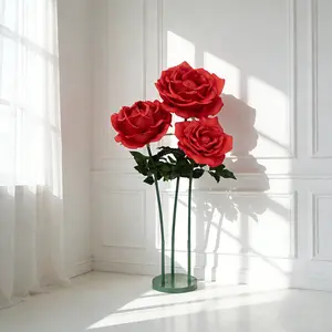 Giant Red Artificial Rose Set with Base, 3 Pcs Standing Faux Flowers Up to 4.5ft Tall for Photo Booths, Parties & Event Backdrops