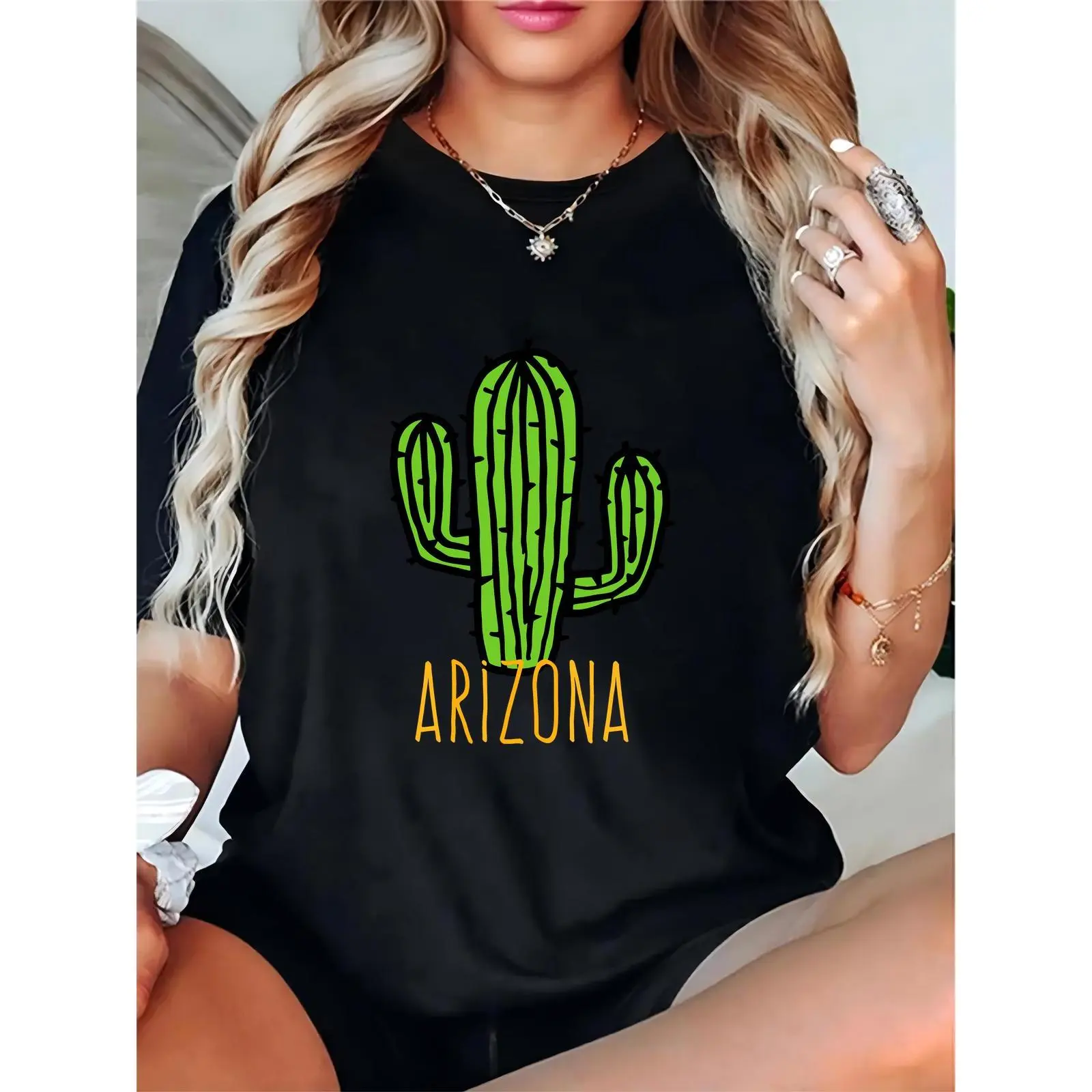 Women's Black Cactus & Arizona Text Graphic T-Shirt Casual Summer Travel Daily Wear Top
