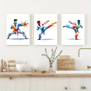 2D Flat, 3pcs Frameless Taekwondo Action Poster Set - Dynamic Martial Arts Wall Decor with Kick & Strike Poses, Vibrant Korean Combat Sports Art for Boys Bedroom, Training Room, Martial Artist Gifts (No Frame Included)