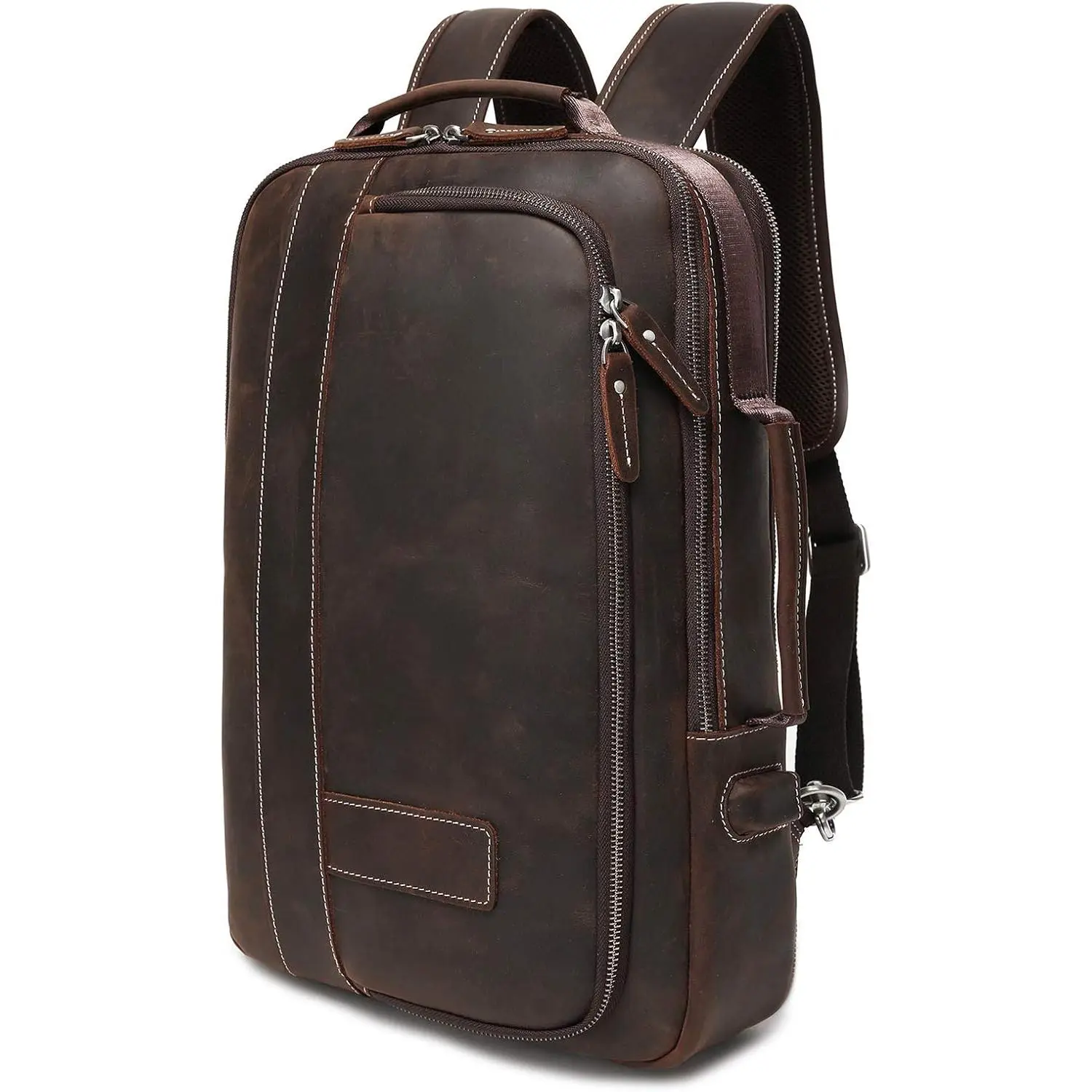 Men's Convertible Vintage Full Grain Cowhide Leather Backpack-Tote Bag, 15.6 In Laptop Compartment, Adjustable Shoulder Strap, Built-In Organizer, Metal Zipper, Waterproof, Travel, Business Casual, Cow Hide