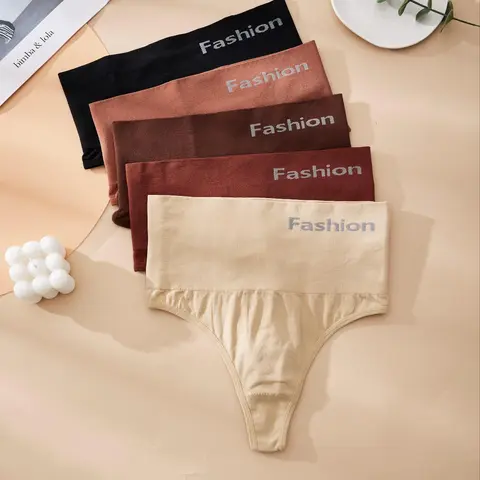 Women's 3/5/10 pcs Letter Tape High Waist Shapewear Thong, Comfy Breathable Seamless Shaper Knickers, Minimalist Soft Panties for Daily Wear, Women's Shapewear Bottoms for All Seasons, High Waist Underwear, Core Shaping Panty, High Waisted Panties