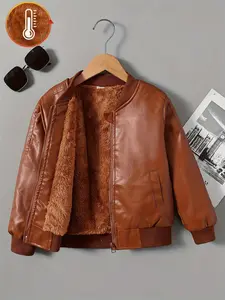 Boys' Fashion PU Leather Zip Front Jacket with Fleece Lining, Casual Long Sleeve Coat for Fall & Winter, Comfortable and Stylish Outerwear