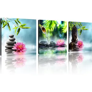3 Panel Spa Wall Decor Spa Stone Green Bamboo Pink Waterlily Zen Buddha Pictures Canvas Painting Print for Home Office and Kitchen Stretched