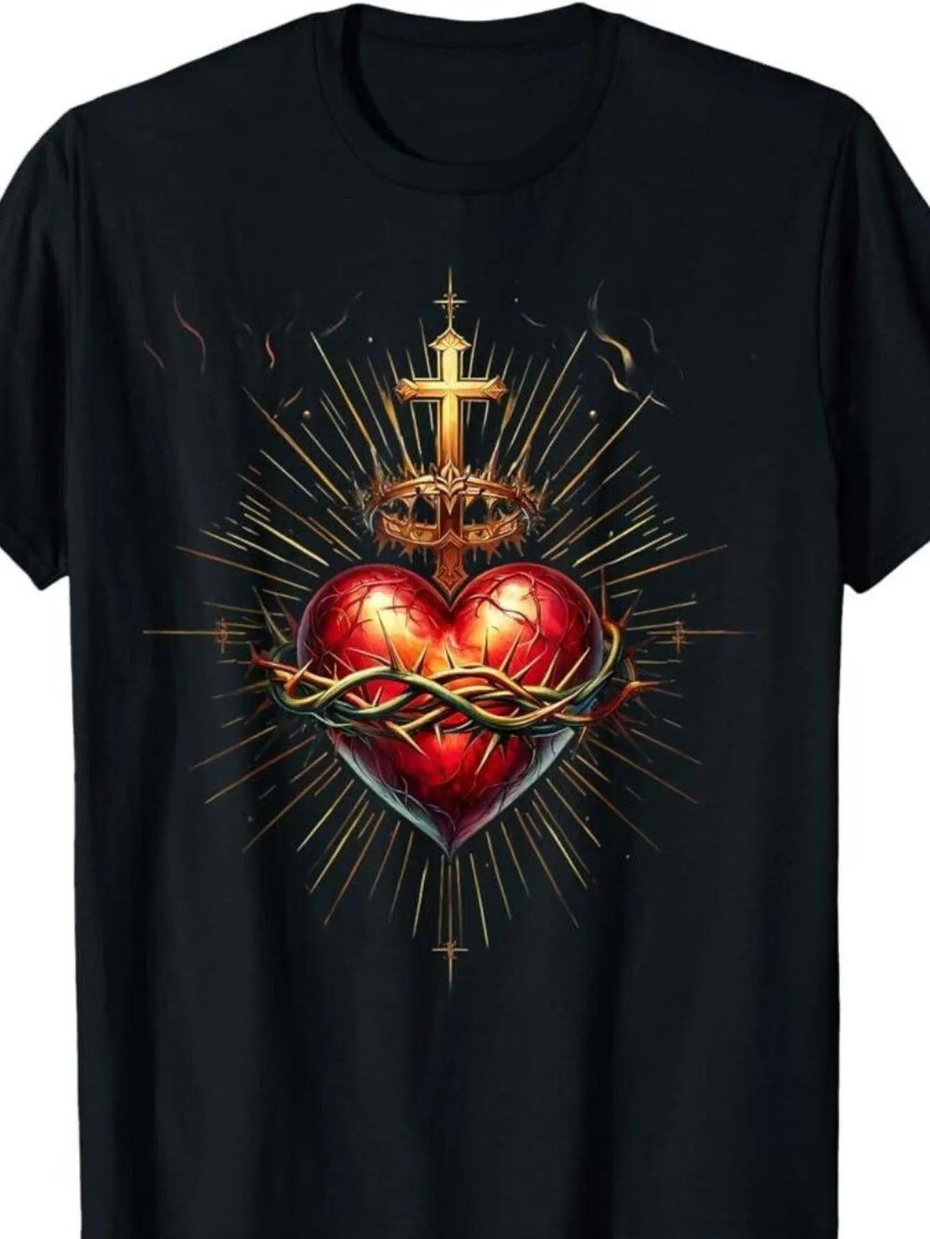 Men' Sacred Heart of Jesus Catholic T-Shirt - Soft Cotton Religious Tee with Sacred Heart, Crown of Thorns & Cross Design - Faith Apparel Suitable for Men, Casual Wear & Church Events - Comfortable Crew Neck Short Sleeve