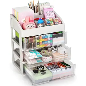 Plastic 3 Drawers Desk Organizer, Multi-functional Desktop Storage Box for Office School Home, Ideal for Stationary Makeup Supplies Storage