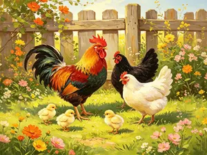 Farmhouse Flannel Kitchen Mats - Vintage Rooster Hen Chick Wooden Fence Floral Design, Non-Slip Soft Washable Rugs for Farm Home Indoor Entryway Use