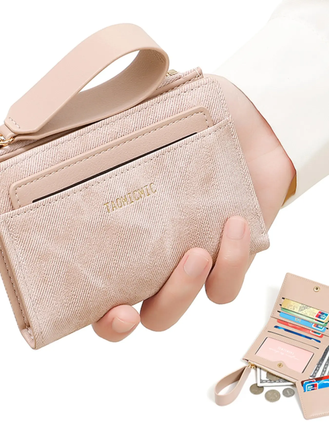 New High-End Denim Texture Short Women's Wallet, Fashion Clash Two-Fold Handheld Wrist Strap, Multi-Card Slot Zipper Coin Pouch