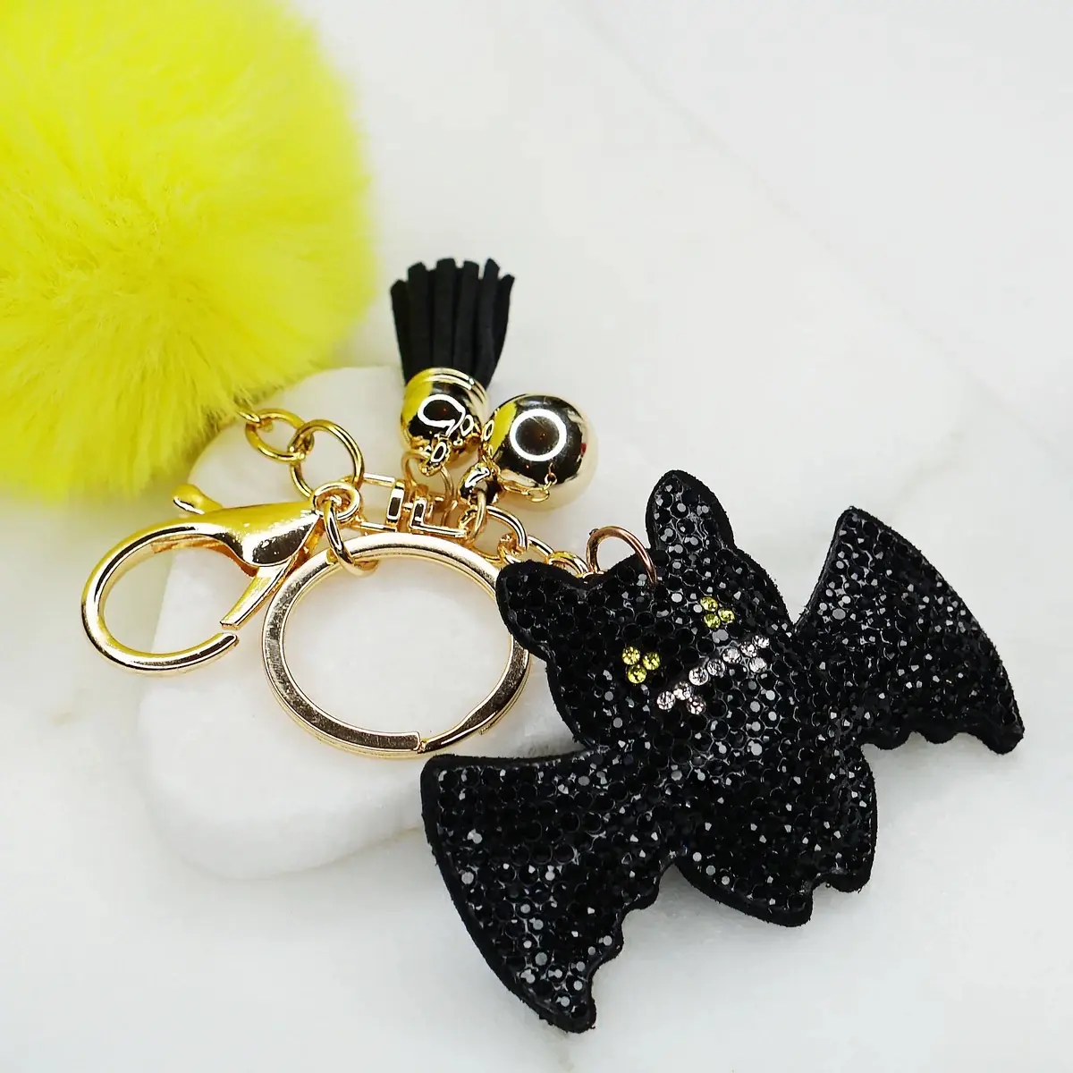 Bat Rhinestone Cushion Keychain with Pom Halloween Purse Charm Clip
