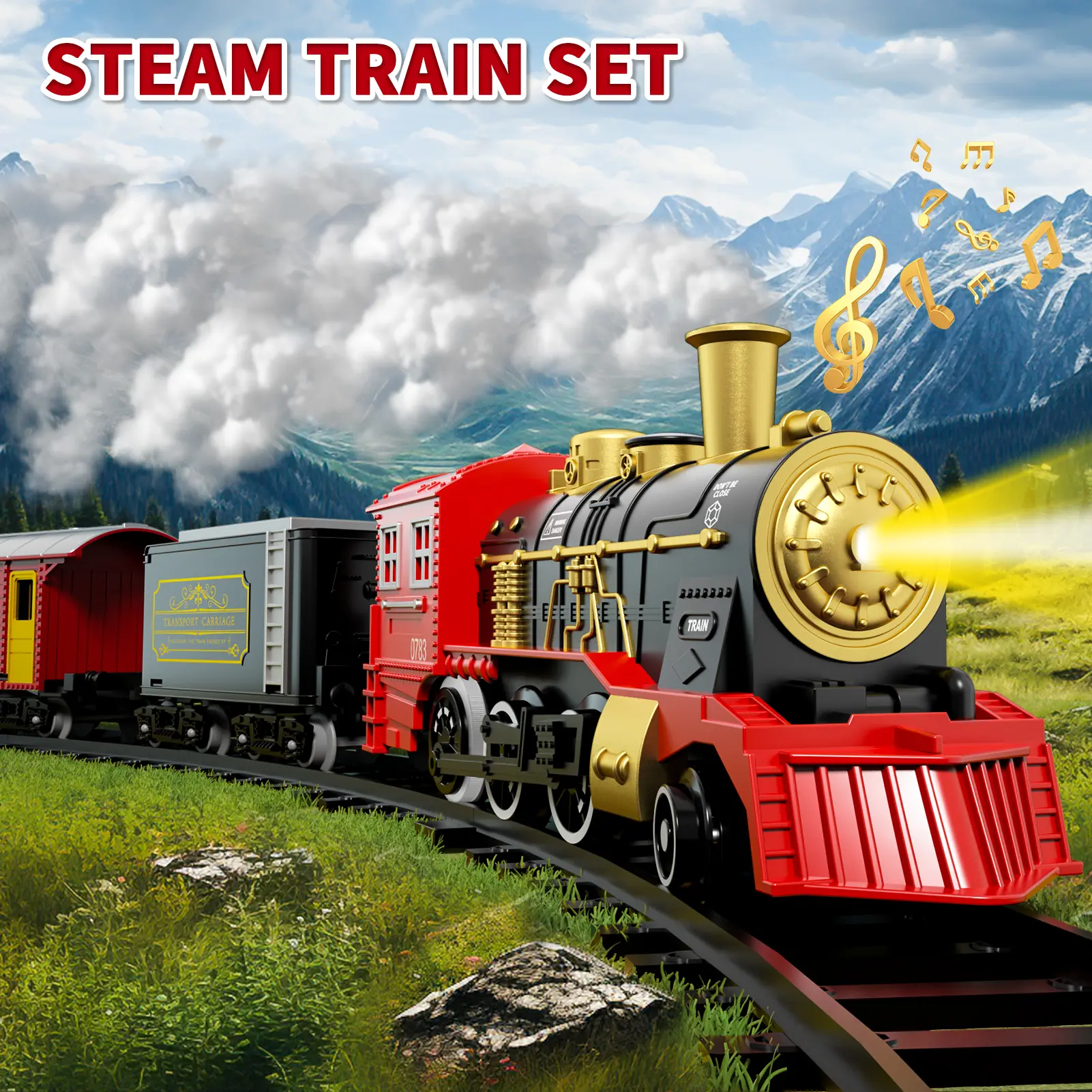 Modular Railway Track Toy Set - Kids' Railed Vehicle Model Building Kit with 1 Locomotive,4 Cars,Vibrant Lights,Realistic Horn Sounds,Easy-Assemble Interactive Toy,Birthday Gift for Young Train Enthusiasts
