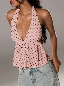 OFFGRID x TRNVIE Elegant Polka Dot V-Neck Halter Neck Top For Women, Spring/Summer Pokadot Top