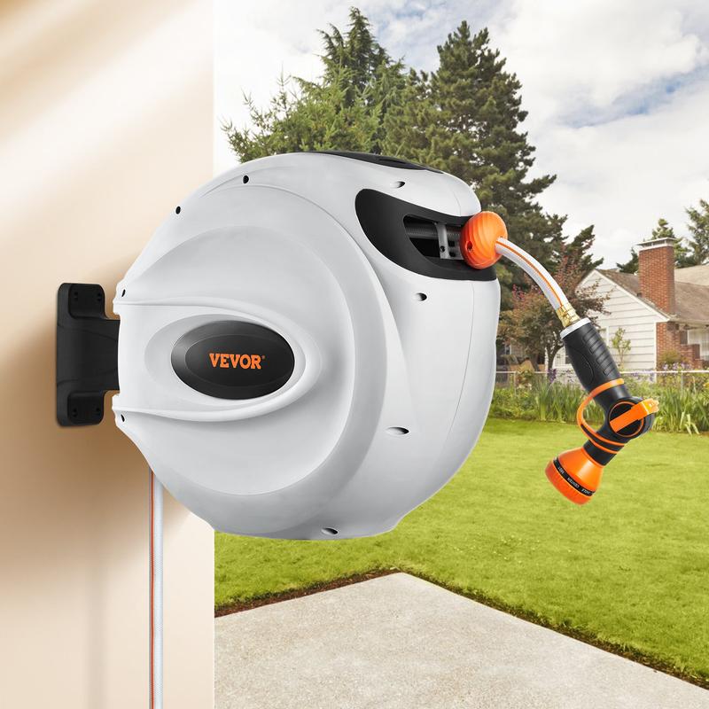 VEVOR Retractable Hose Reel, Max 130 FT / 115 FT / 100FT / 65FT / 84FT Garden Water Hose Reel with 9-Pattern Nozzle, 180° Swivel Bracket Wall-Mounted, Automatic Rewind, Lock at Any Length, with Slow Return System VEVOR Super Brand Day