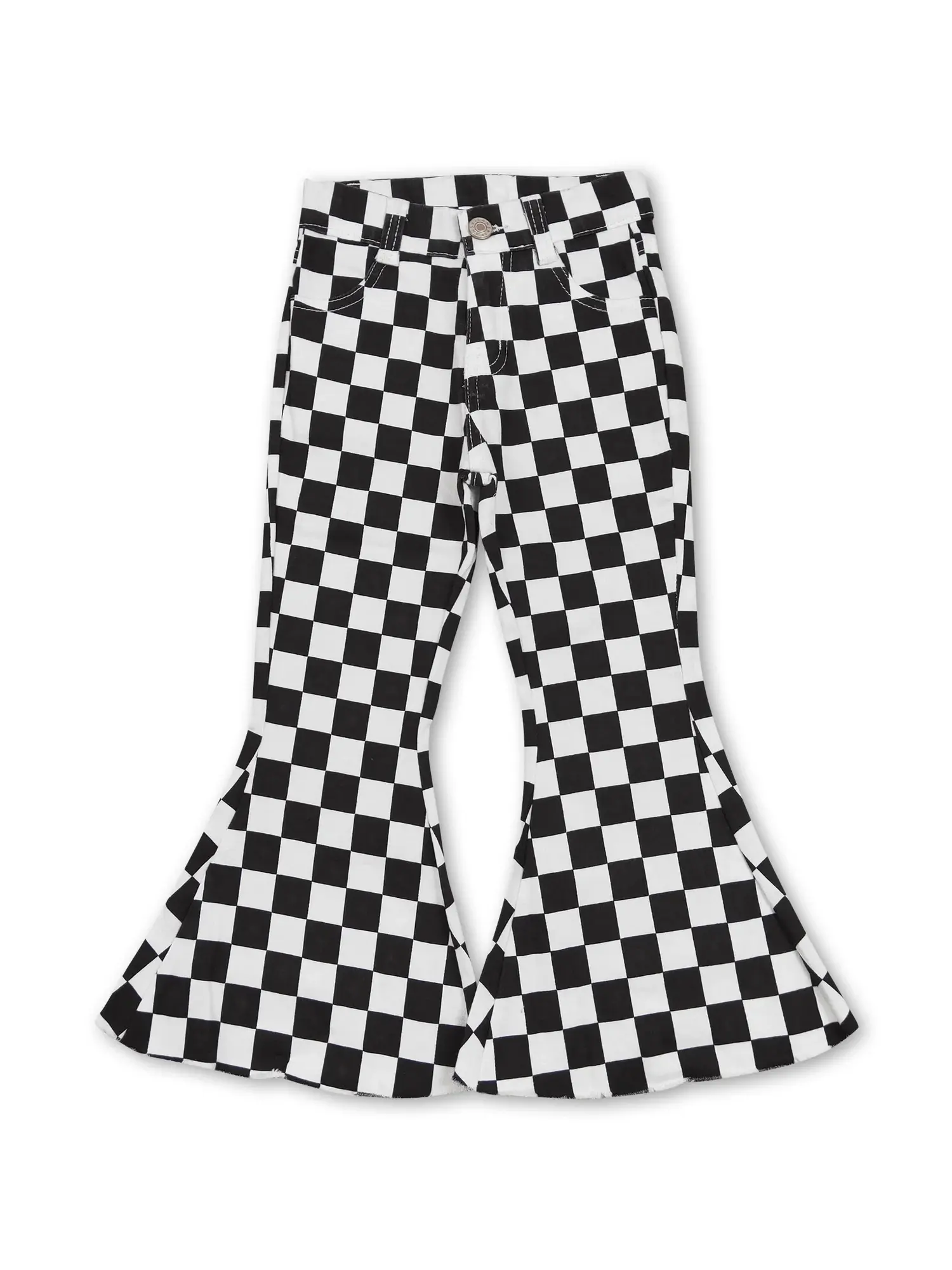 Girls' Black & White Check Denim Bellbottom Loose Jeans, Kids' Fashion Bottoms