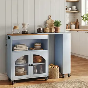 Kitchen Island On Wheels with Extended Table MDF Rolling Kitchen Storage Cart with LED Light Power Outlets 2 Fluted Glass Doors Side 3 Open Shelves