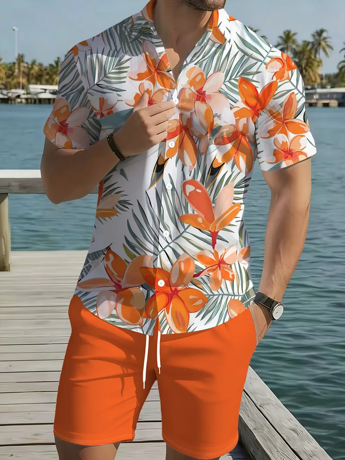 Men's Summer Vacation Set, Print Short Sleeve Shirt and Shorts, Hawaiian Floral Pattern, Comfortable and Breathable, Beachwear