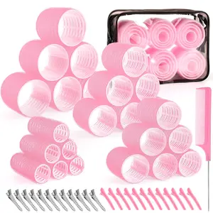 Self-Grip Hair Rollers Set for Long Short Hair and Bangs 50 Pcs with Clips 25mm 36mm 48mm 60mm Pink Value Pack with Clips Rat Tail Comb and Storage Bag