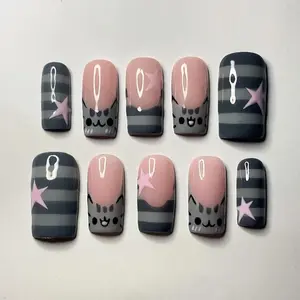 Pusheen Cat Press On Nails, Kawaii Gray Stripe Pink Star Nail Art