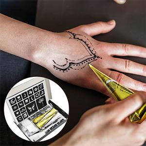 Temporary Stencils Tattoos Kit, 4 Pcs Tattoo Cones 3 Color (2 Black 1 Maroon 1 Cherry Red) with Gloves Brush Tool,DIY Body Art Skin Painting Designs for Women Men Kids Party Gifts, Organic Mehandi Temporary Tattoo&Hair Color,hair dye kit,color,shiny hair